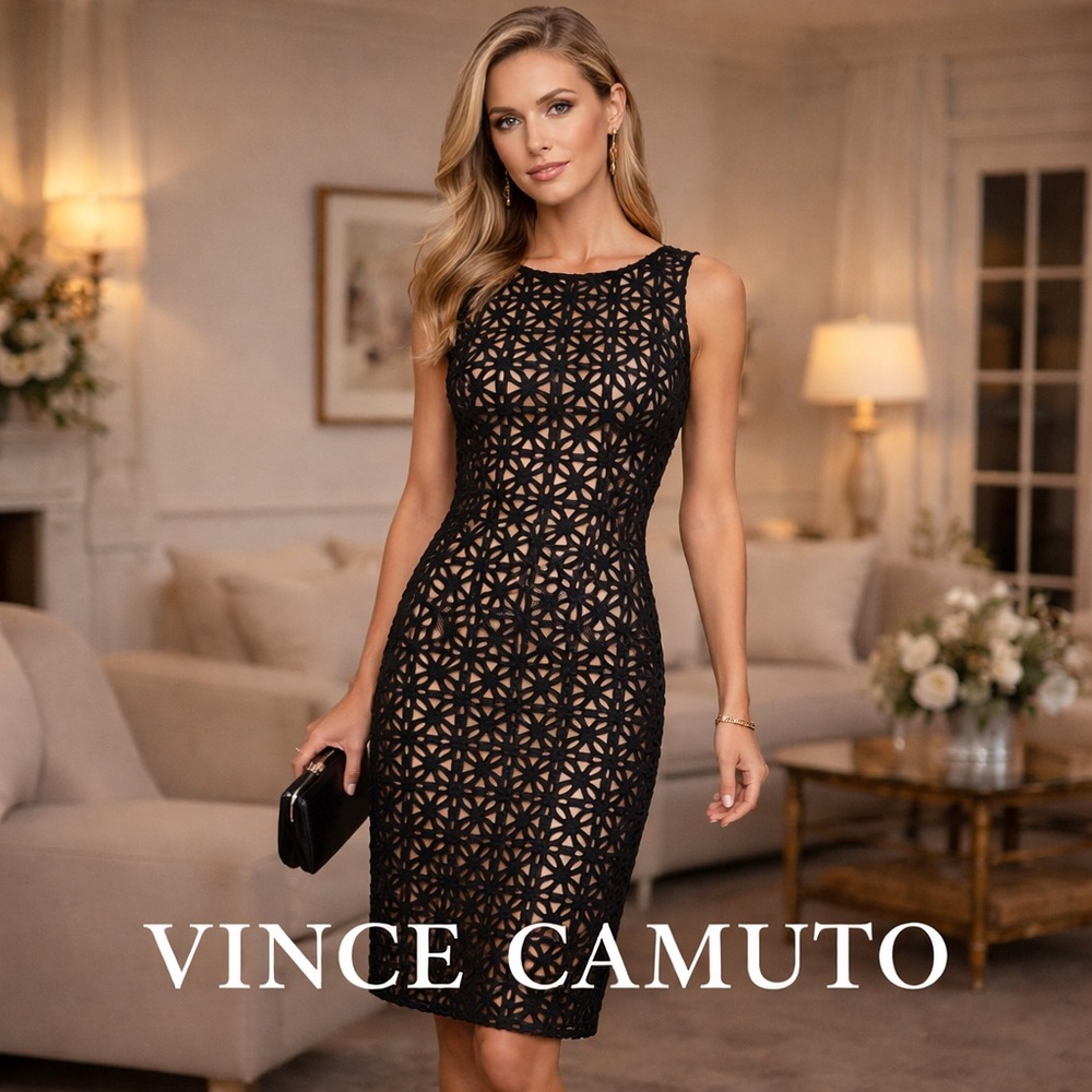 Vince Camuto Black Laser-Cut Sheath Cocktail Dress Geometric Elegant,EUC, Size 6